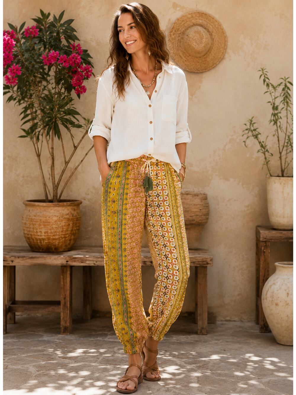 Sundance SZ PXS 100% Cotton Printed Jogger Pants-Boho Patchwork-Tassel Tie